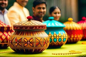 a group of people standing around a table with colorful pots. AI-Generated photo