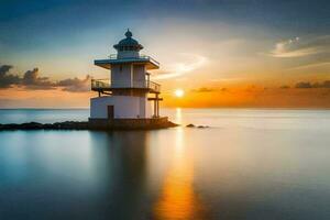 un faro soportes en el apuntalar de el Oceano a puesta de sol. generado por ai foto