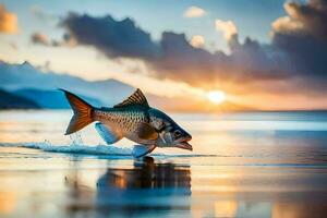 un pescado es saltando fuera de el agua a puesta de sol. generado por ai foto