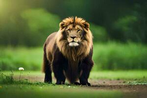 a lion walking on a path in the middle of a field. AI-Generated photo