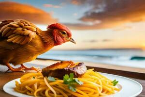 a chicken is standing on a plate with spaghetti and a sunset in the background. AI-Generated photo