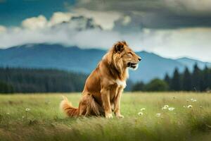 a lion sitting in the grass with mountains in the background. AI-Generated photo