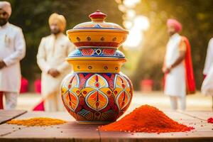 a colorful vase with a man standing in front of it. AI-Generated photo