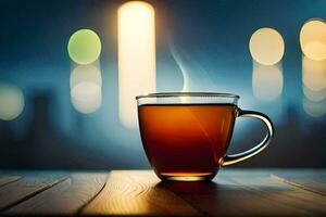 a cup of tea on a table with blurred lights. AI-Generated photo