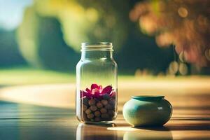 un florero con un flor y un pequeño taza en un mesa. generado por ai foto