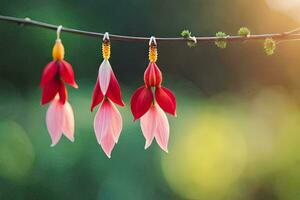 red and pink flowers hanging from a branch. AI-Generated photo