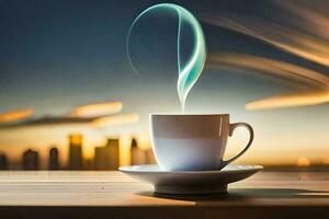 a cup of coffee on a table with a city in the background. AI-Generated photo