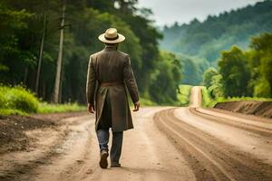 un hombre en un sombrero y Saco caminando abajo un suciedad la carretera. generado por ai foto