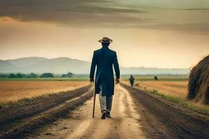 un hombre en un traje camina abajo un suciedad la carretera. generado por ai foto