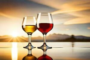 two wine glasses with red and white wine on a table. AI-Generated photo