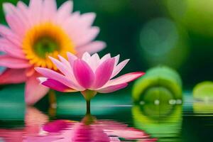 pink lotus flower in water with green leaves. AI-Generated photo