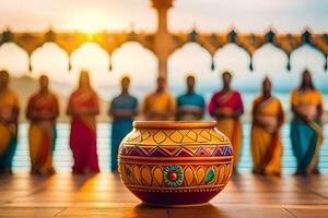 a large pot with colorful saris in the background. AI-Generated photo