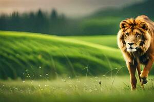 un león caminando mediante un campo. generado por ai foto