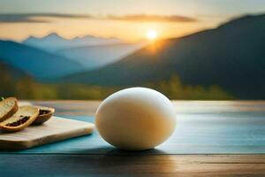 a ball of cheese on a table with mountains in the background. AI-Generated photo