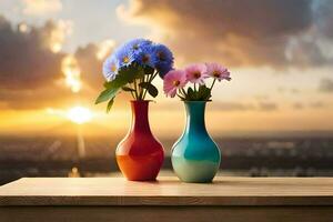 two colorful vases with flowers on a table in front of a sunset. AI-Generated photo