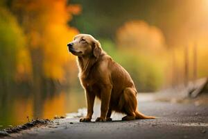 a golden retriever sitting on the side of a road. AI-Generated photo