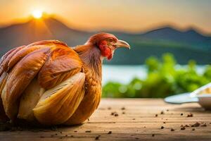 a chicken is sitting on a wooden table with a bowl of food. AI-Generated photo