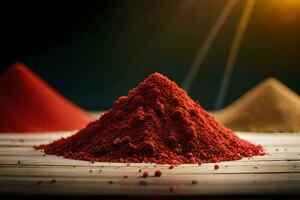 a pile of red powder on a wooden table. AI-Generated photo