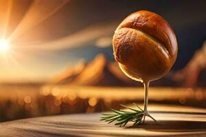 a bread roll with rosemary on top of a wooden table. AI-Generated photo