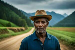 a man in a hat standing on a dirt road. AI-Generated photo