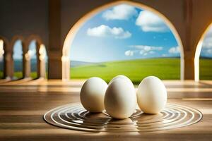 three eggs on a circular table in front of an arch. AI-Generated photo