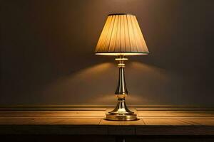 un lámpara en un mesa en frente de un oscuro pared. generado por ai foto