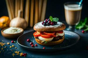 a sandwich with berries and cheese on a plate. AI-Generated photo