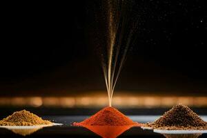 three different types of spices are being poured into a bowl. AI-Generated photo