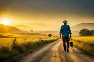 un hombre caminando abajo un suciedad la carretera con un caña. generado por ai foto