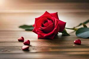 the rose is on the table with hearts scattered around it. AI-Generated photo