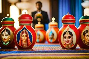 a row of colorful vases with painted faces. AI-Generated photo