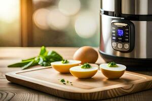 an electric pressure cooker with eggs on a cutting board. AI-Generated photo