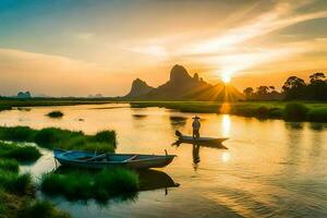 the sun sets over the mountains and the river. AI-Generated photo