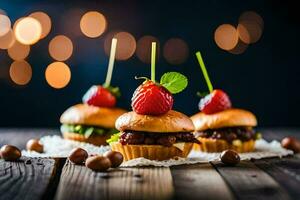 mini burgers with strawberries and nuts on a wooden table. AI-Generated photo