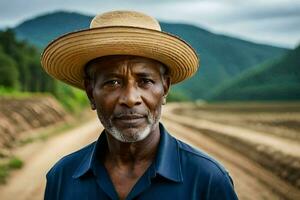 an african man wearing a hat stands in the middle of a dirt road. AI-Generated photo