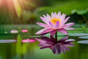 lotus flower in water with leaves and water lily. AI-Generated photo