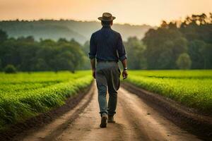 a man walking down a dirt road in a field. AI-Generated photo