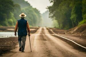 un hombre caminando abajo un suciedad la carretera con un caña. generado por ai foto