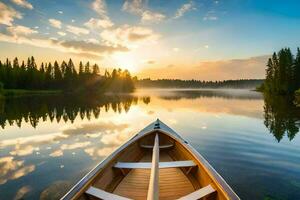 canoa en lago a puesta de sol. generado por ai foto
