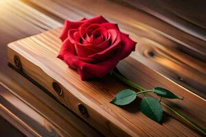 un soltero rojo Rosa es en un de madera superficie. generado por ai foto