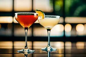 two cocktails on a table with a blurred background. AI-Generated photo