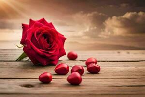 a single red rose on a wooden table with hearts. AI-Generated photo