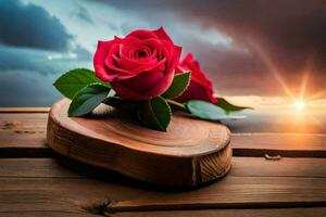 two red roses on a wooden table with sunset in the background. AI-Generated photo