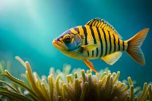 un pescado nadando en el Oceano con un anémona. generado por ai foto