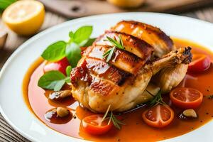 a chicken with sauce and herbs on a plate. AI-Generated photo