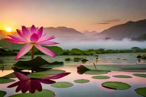 a pink lotus flower in the water with mountains in the background. AI-Generated photo