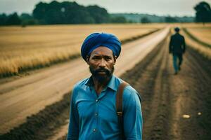 un hombre vistiendo un turbante camina abajo un suciedad la carretera. generado por ai foto