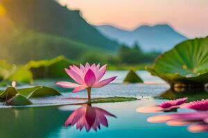 pink lotus flower in the water with mountains in the background. AI-Generated photo