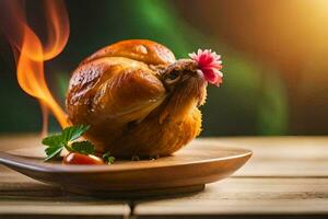 roasted chicken on a wooden plate with fire. AI-Generated photo