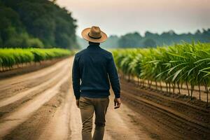 hombre caminando abajo suciedad la carretera en frente de filas de azúcar caña. generado por ai foto